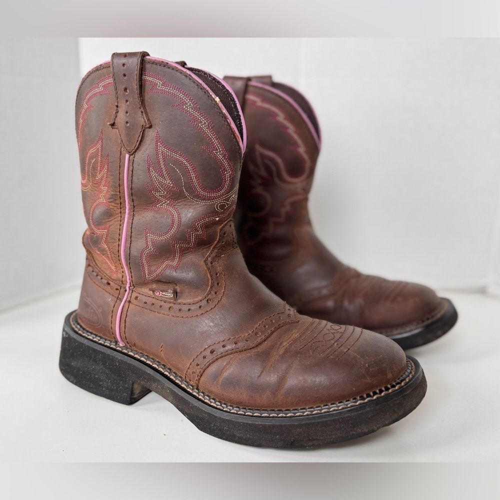 Justin Boots Nettie Brown Leather Western Cowgirl Buffalo Square Toe Boots 8